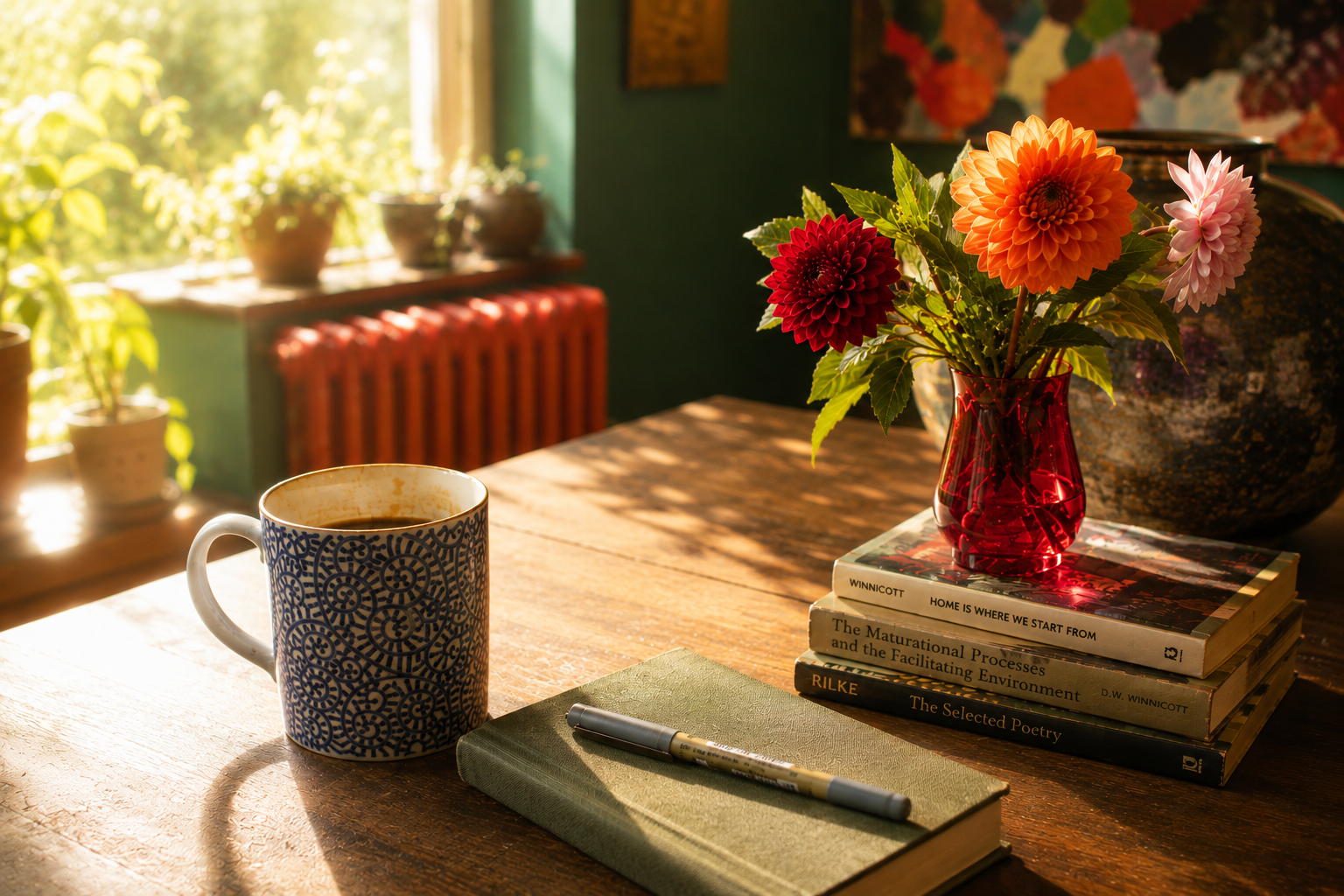 A wooden desk in warm morning light with a patterned mug, Winnicott and Rilke books, a notebook and pen, and a red vase of dahlias against a deep botanical green wall