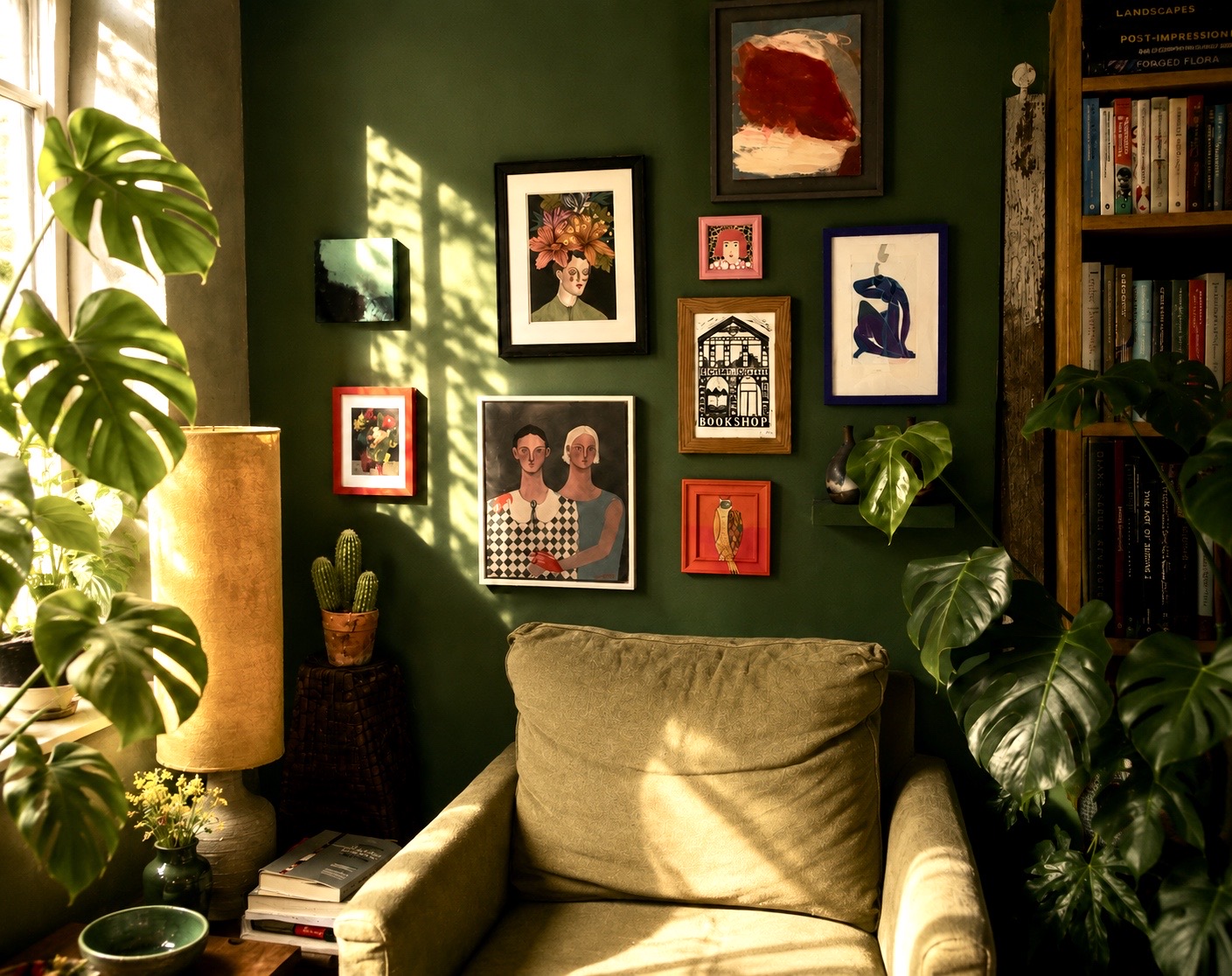 Maria Pierides's consulting room — deep botanical green wall with a curated gallery of artwork, bookshelves, monstera plants, a soft armchair and warm morning light through the window